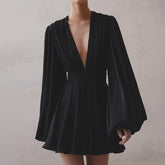 French Puff Sleeve High Waist Dress V Neck Abdomen Control Black Short Dress